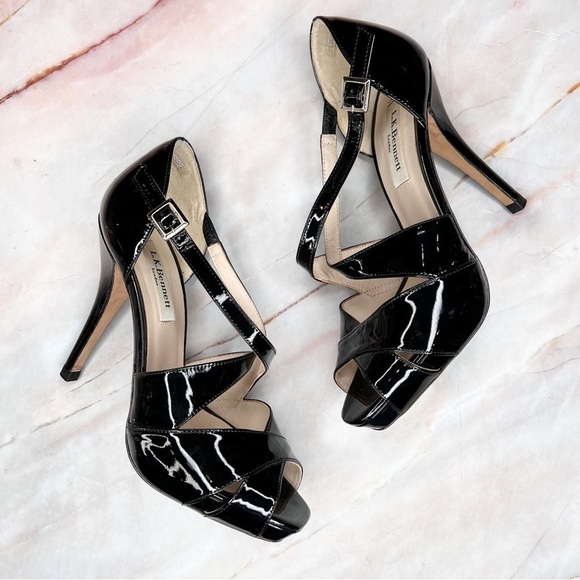 L.K. Bennett Sandy Black Patent Leather Strappy Heels 37 6 - Picture 1 of 6